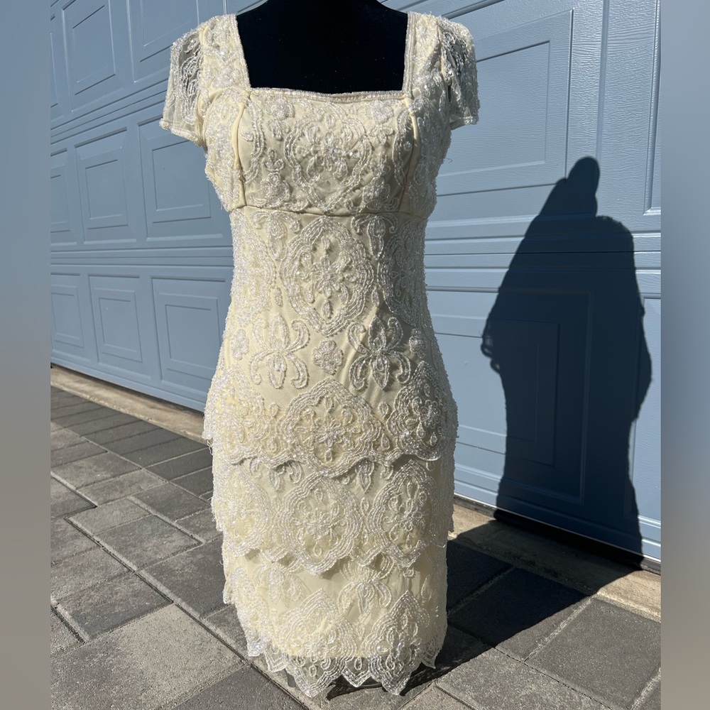 Pisarro Nights Evening Dress Sz 8p Champagne Short Sleeve Sequins fancy beaded
